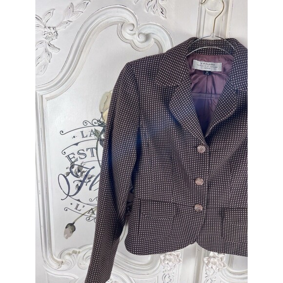 Tahari Brown Pink Polka Dots Light Tweed Blazer Pockets 3 Button, Size 4P - Picture 6 of 12